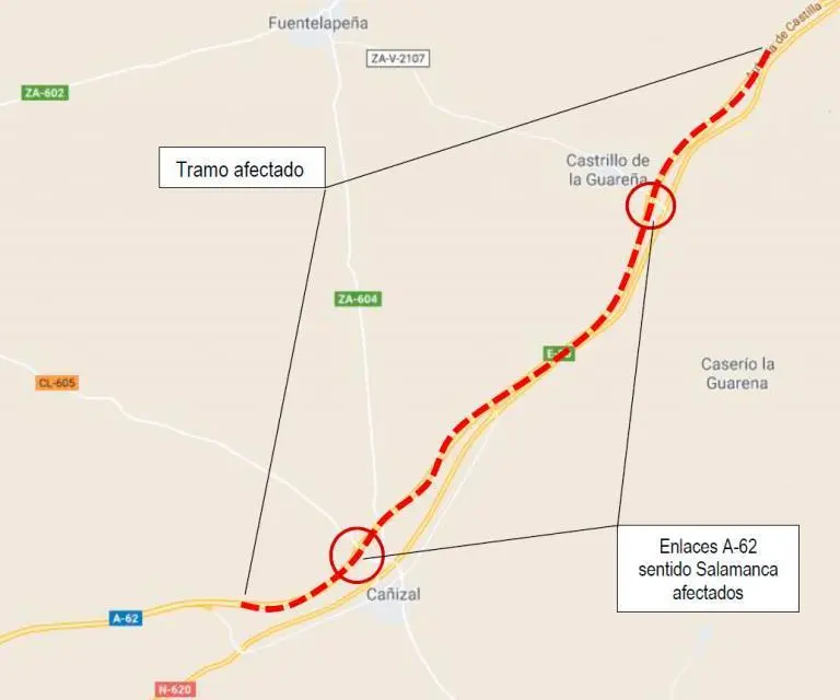 Tramo afectado por obras en la A-62