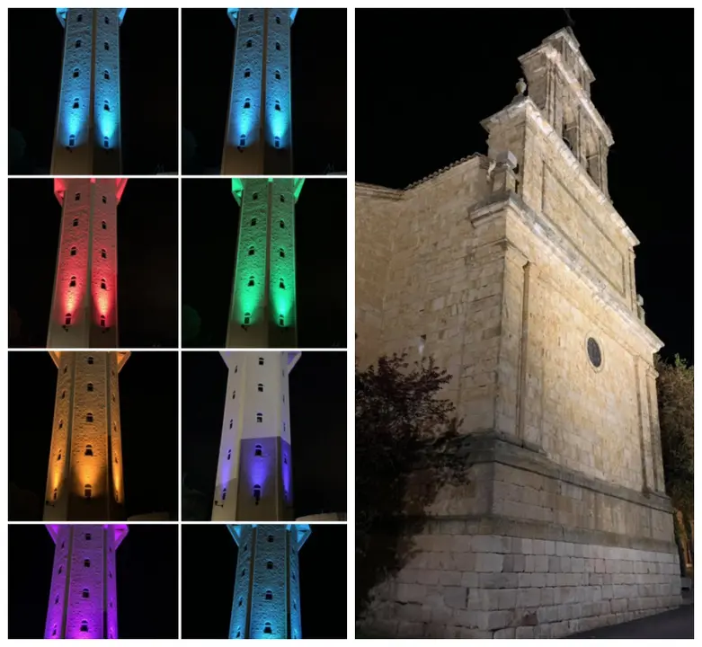 Depósito de agua y espadaña de Nuestra Señora de la Asunción, iluminadas.