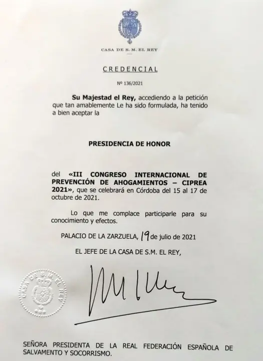Credencial por la que la Casa de SM el Rey comunica la aceptación de Felipe VI para presidir el Comité de Honor del CIPREA.