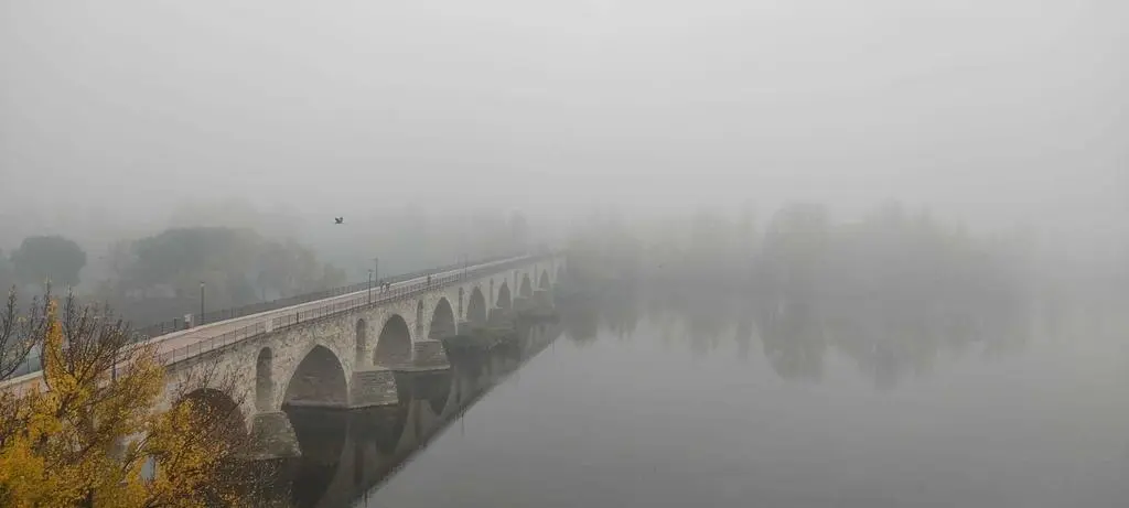 Puente de Piedra con niebla