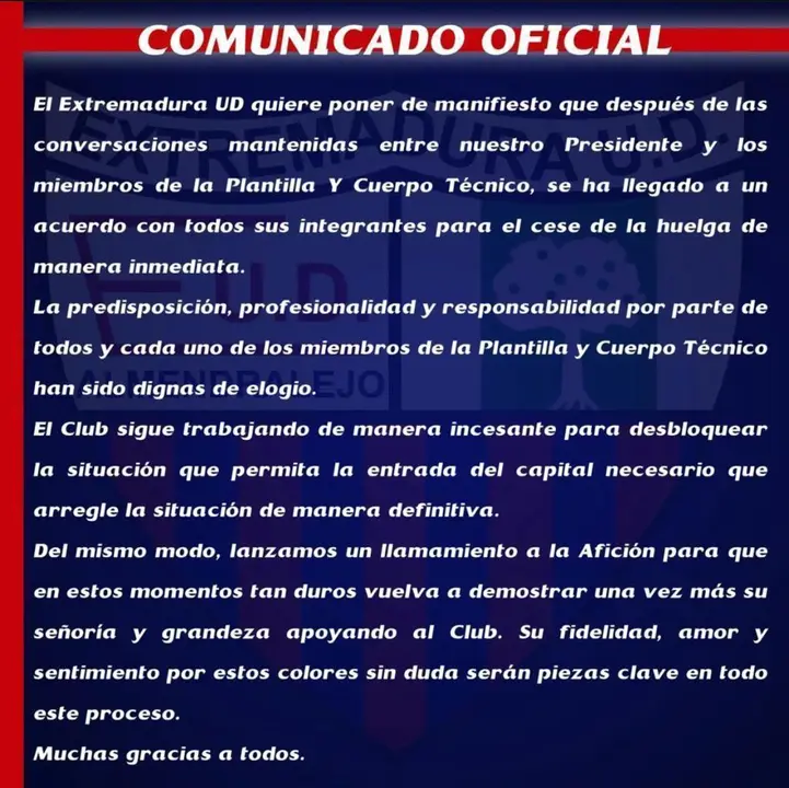 Comunicado del Extremadura UD.