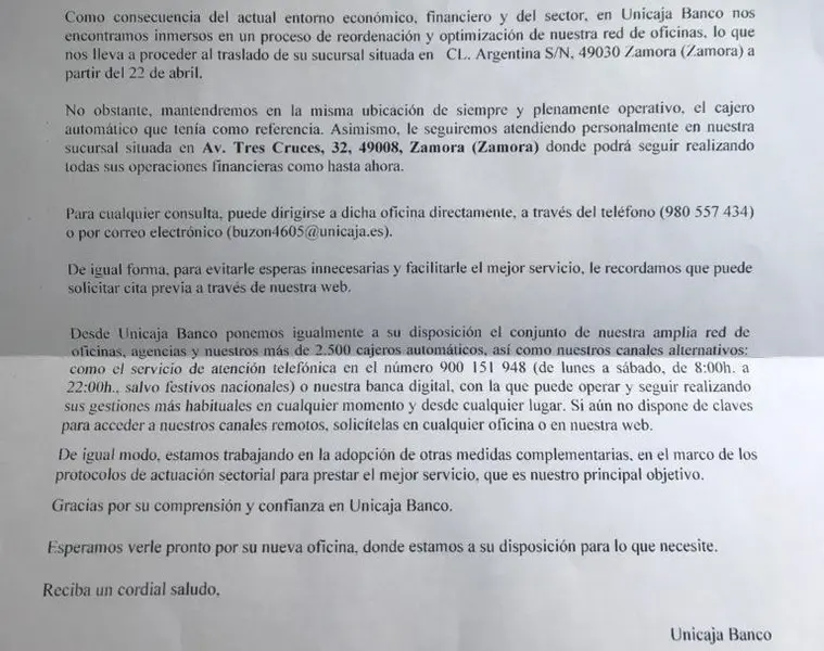 Carta que Unicaja envía a sus clientes