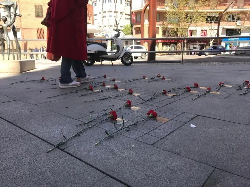 Flores esparcidas en las placas de la Plaza Alemania confluencia con San Torcuato