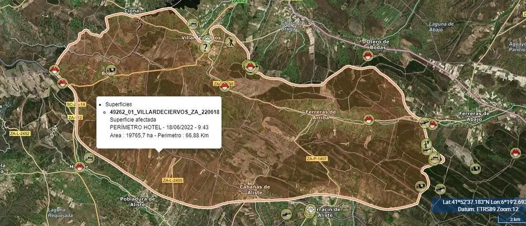 La imagen registrada por el helicóptero de coordinación HOTEL del incendio en Sierra de la Culebra. Imagen: Consejería de Medio Ambiente de la JCyL