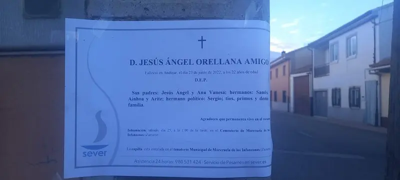 Esquela del joven asesinado en su pueblo, Moreruela de los Infanzones