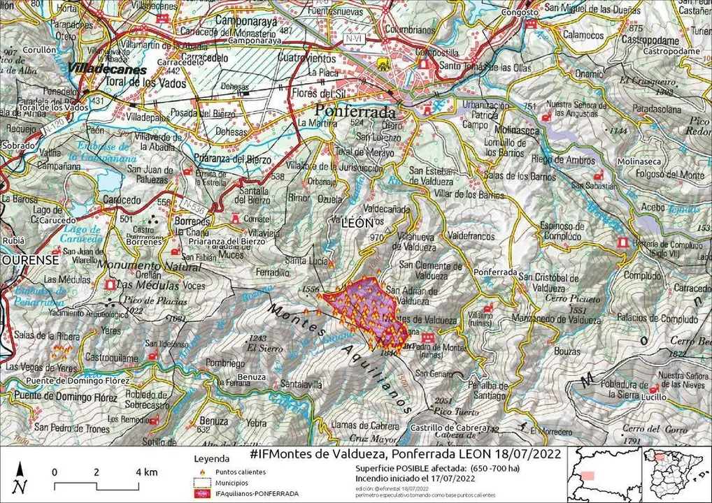 Mapa de la superficie afectada en relación a los puntos calientes detectados de madrugada en Losacio. Fuente y mapa: @eforestal