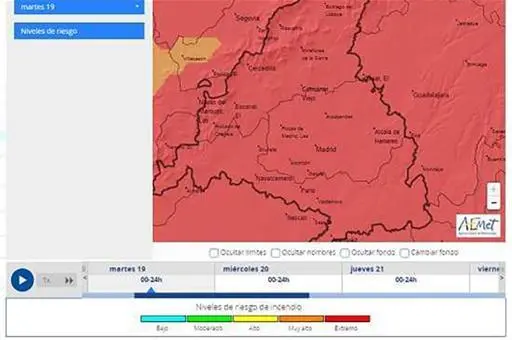 Ejemplo de nuevo visor con los niveles de riesgo de incendio previsto con zoom en la Comunidad de Madrid.