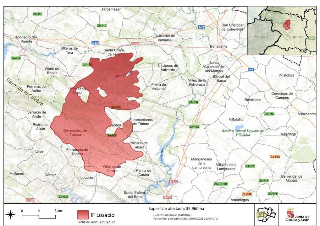 Plano con la superficie afectada por el incendio de Losacio. Fuente: @CopernicusEMS
