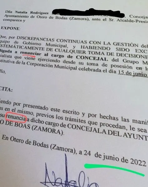 Foto de la carta de renuncia