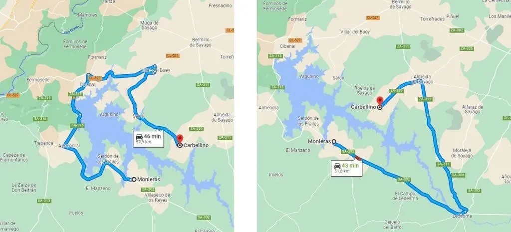 Distancia de Monleras a Carbellino y de Villaseco de los Reyes a Carbellino en coche