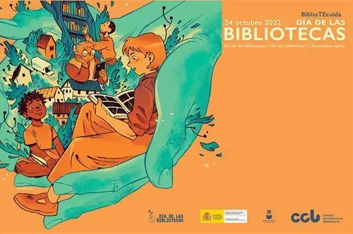 Cartel del Día de las Bibliotecas 2022 con el lema 'BiblioTEcuida'.