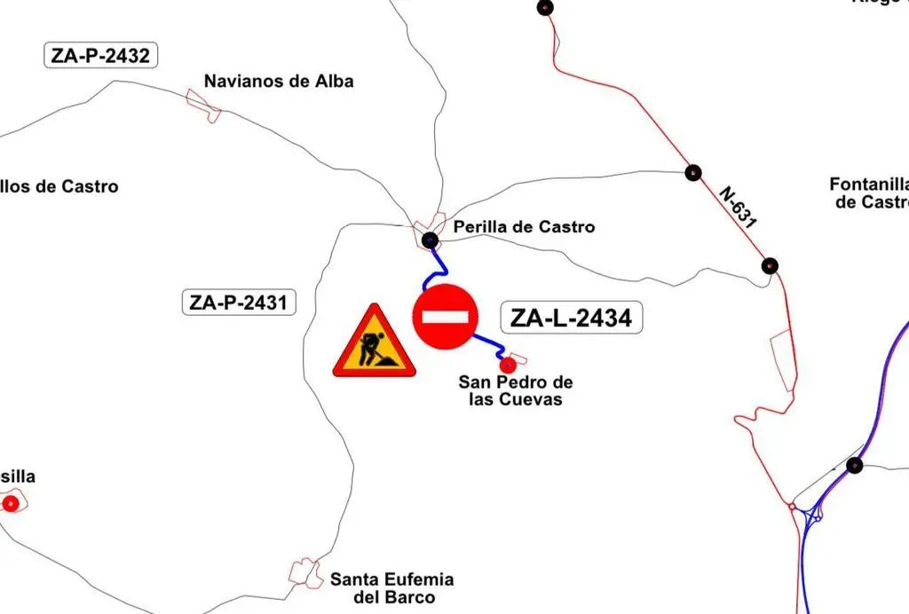 Corte de tráfico en la la carretera ZA-L-2434 de Perilla de Castro a San Pedro de las Cuevas