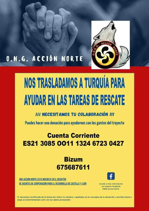 Cartel ayuda donaciones para Turquía y Siria. ONG Acción Norte