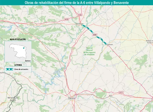 Mapa de obras de mejora del firme en la A-6 entre Villalpando y Benavente