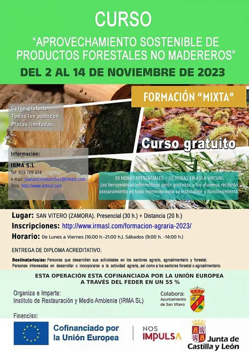 cartel curso San Vitero organiza un curso de formación mixta de "aprovechamiento sostenible de productos forestales no madereros"