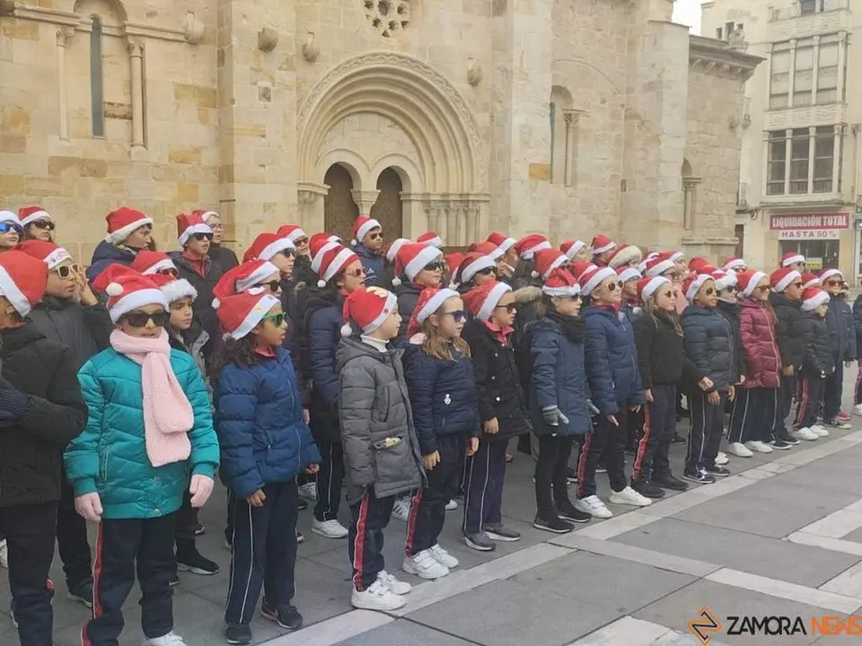Alumnos del colegio Divina Providencia cantando villancicos en las calles de zamora