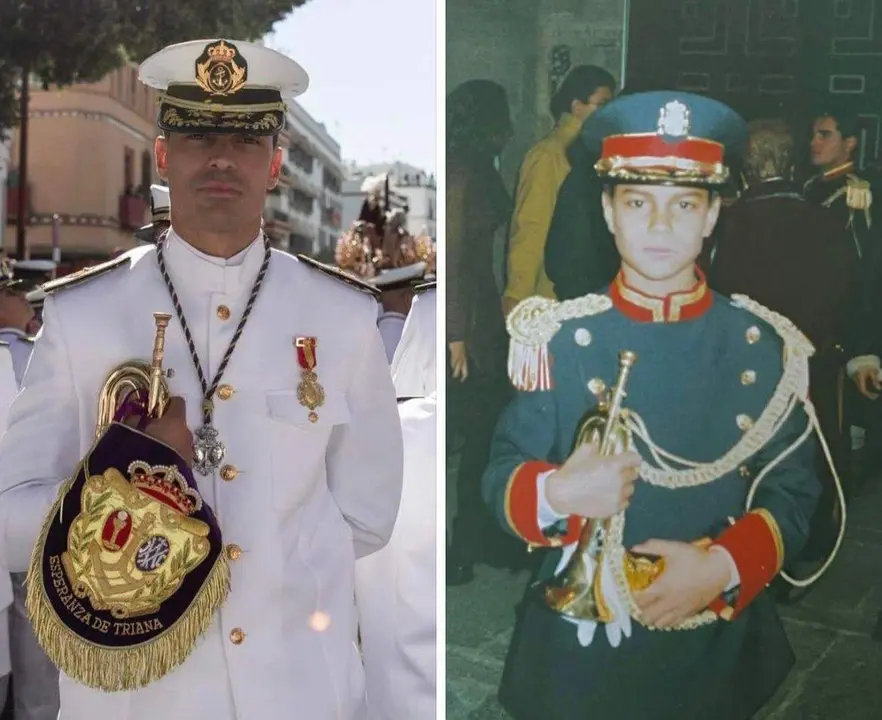 David López Fraile con el traje de la Banda de cornetas y tambores del Santísimo Cristo de las Tres Caídas de Triana y en el año 1998 junto a la Banda Santísimo Cristo del Perdón de Zamora. Fotografía: CEDIDA