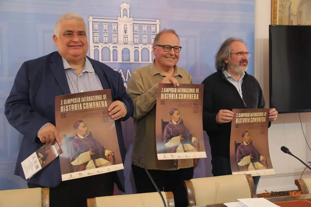 Christoph Strieder, István Szászdi León-Borja y Dámaso Francisco Javier durante la presentación del X Simposio Internacional de Historia Comunera