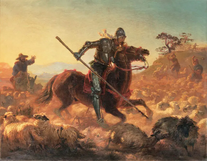 Don Quijote embistiendo un rebaño de ovejas