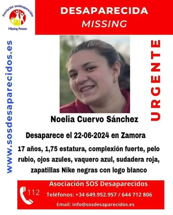 Menor zamorana desaparecida según la alerta emitida por SOS Desaparecidos
