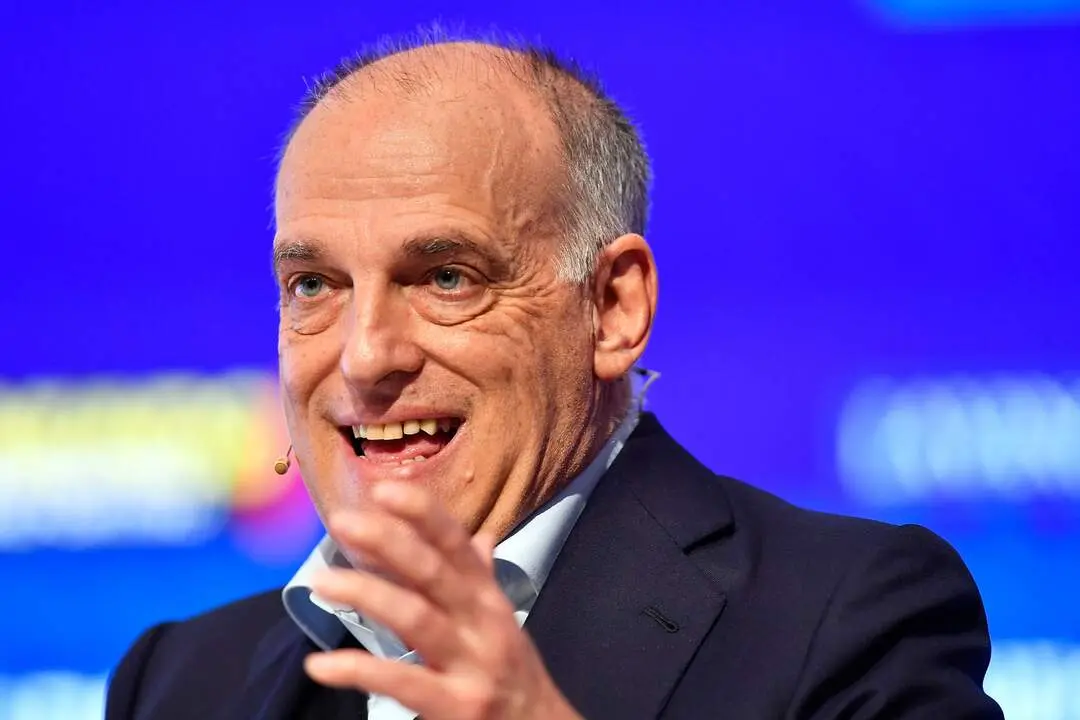 The president of the Spanish football league 'La Liga', Javier Tebas, speaks as he takes part in the forum Defense of the European Football Ecosystem, organized by La Vanguardia journal, on March 16, 2023 in Barcelona. (Photo by Pau BARRENA / AFP) (Photo by PAU BARRENA/AFP via Getty Images)