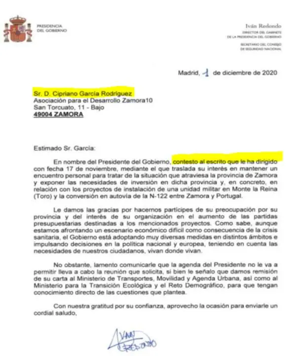 Carta de Redondo dirigida a Cipriano García