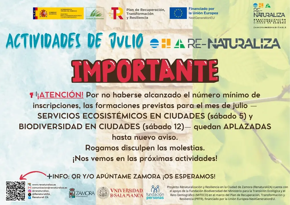 Renaturaliza cancela las actividades previstas para el mes de julio