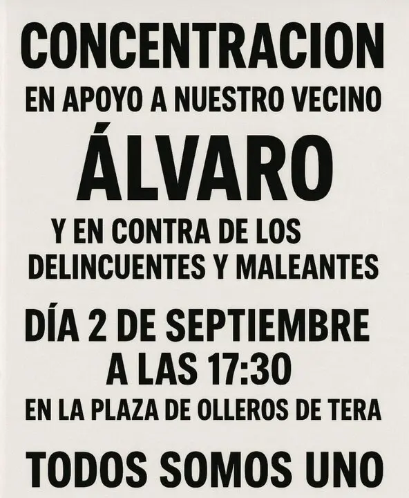 cartel concentración en apoyo a Álvaro en Olleros de Tera