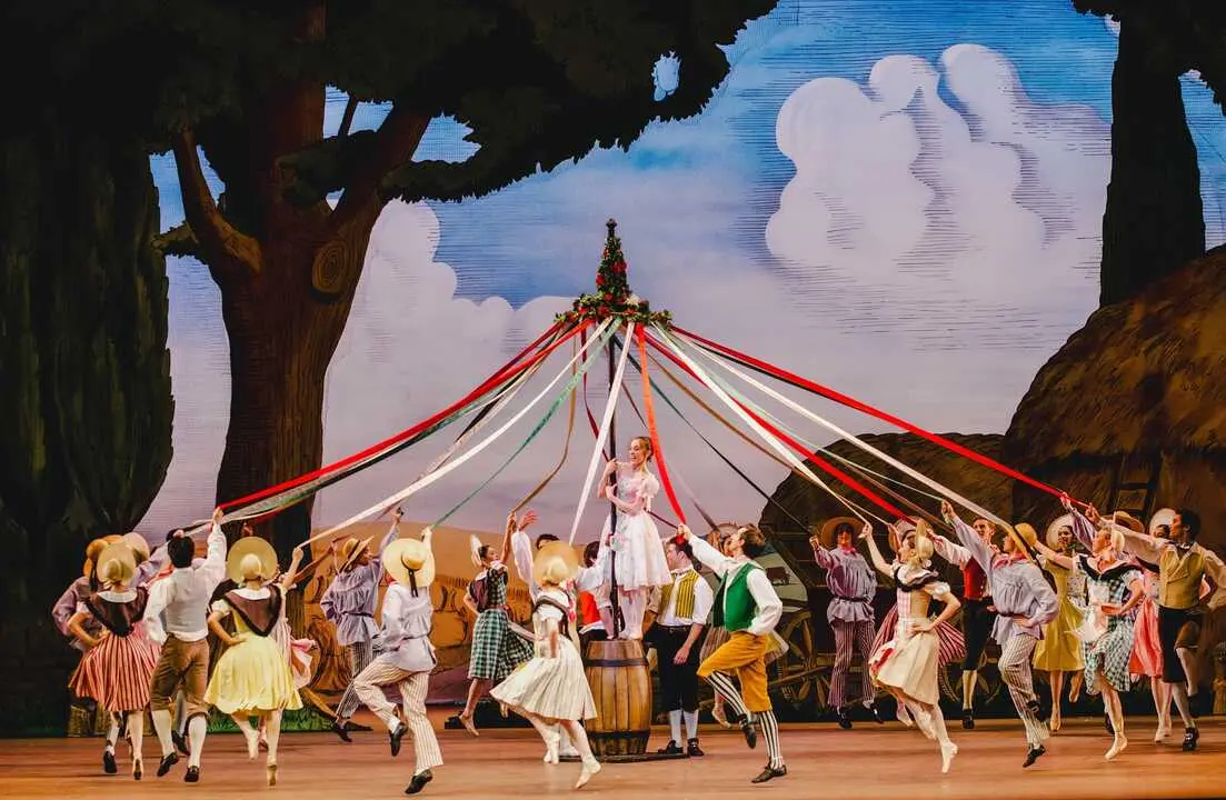 LA FILLE MAL GARDEE ; 
Music by Herold ; 
Choreography by Ashton ; 
Marianela Nunez as Lise and Artists of The Royal Ballet ; 
Set design by Osbert Lancaster ; 
Costume design by Osbert Lancaster ; 
Lighting design by John B. Read ; 
The Royal Ballet ; 
At the Royal Opera House, London, UK; 
20 April 2012 ; 
Credit: Tristram Kenton / Royal Opera House / ArenaPAL ;