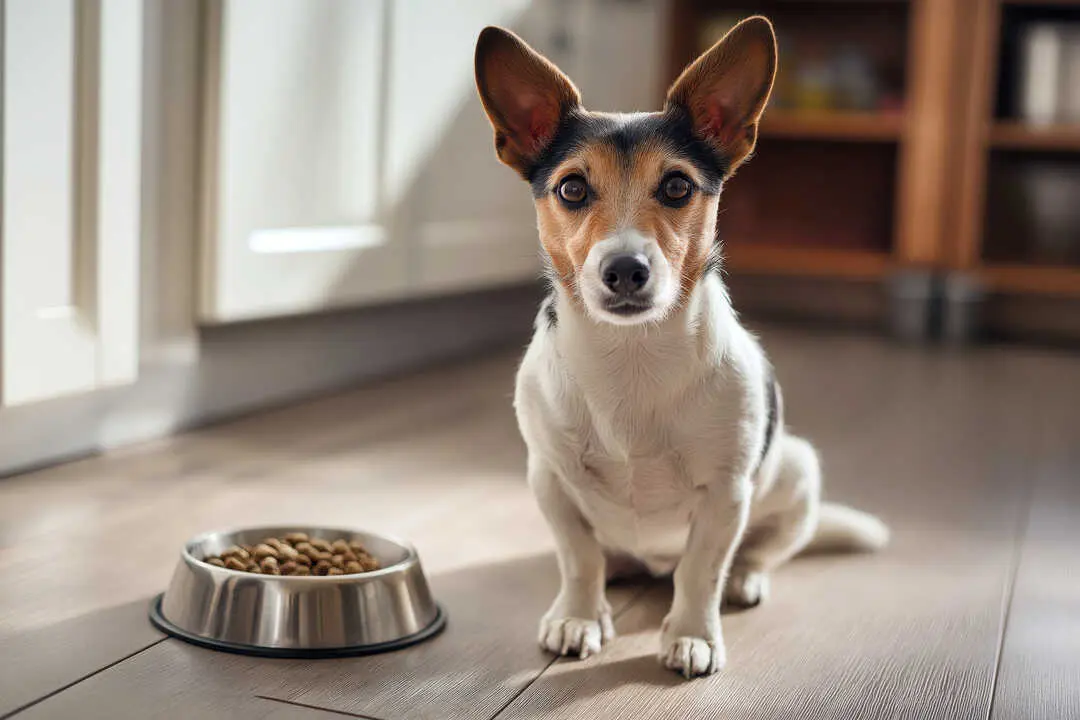 Small breed dog sitting near a bowl of food, healthy pet lifestyle concept, clean kitchen interior, natural lighting