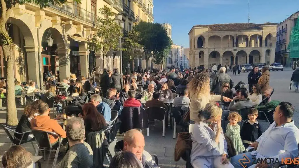 gente en las terrazas de la Plaza Mayor de Zamora 