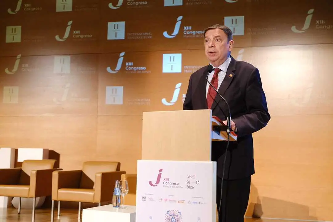 El ministro de Agricultura, Pesca y Alimentaci&oacute;n, Luis Planas, durante su intervenci&oacute;n en el Congreso Mundial del Jam&oacute;n