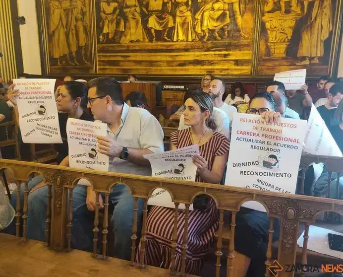Funcionarios con pancartas en el Pleno de mayo