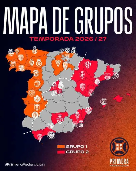 Mapa de Grupos Primera Federaci&oacute;n 2026-2027