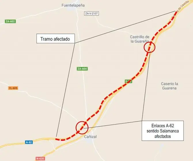 Tramo afectado por obras en la A-62