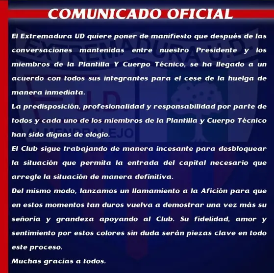 Comunicado del Extremadura UD.