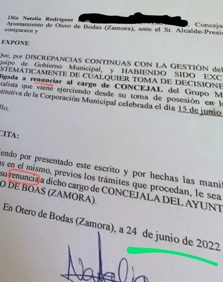 Foto de la carta de renuncia