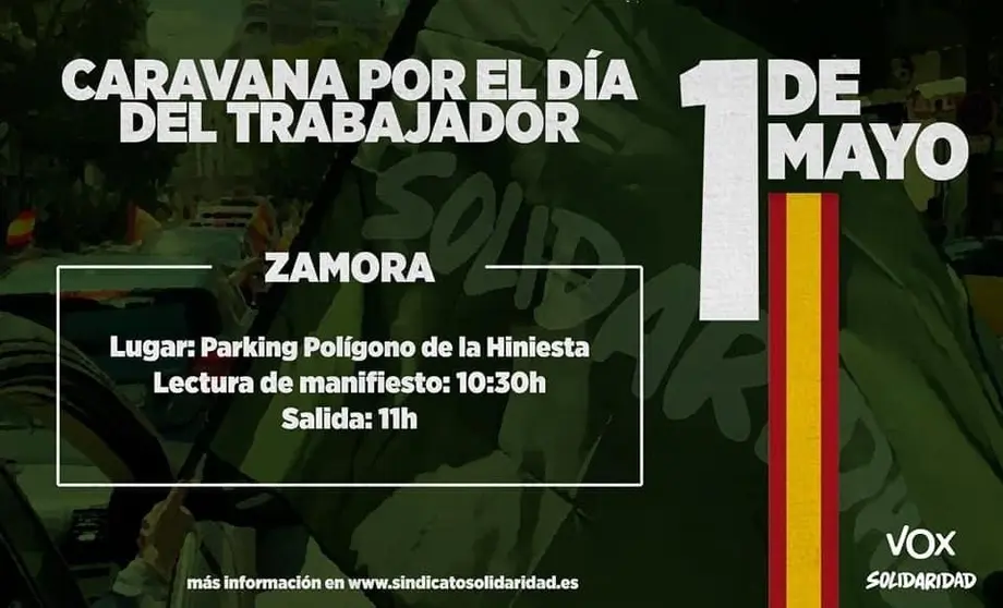 Cartel convocatoria VOX y Solidaridad España para el 1 de mayo