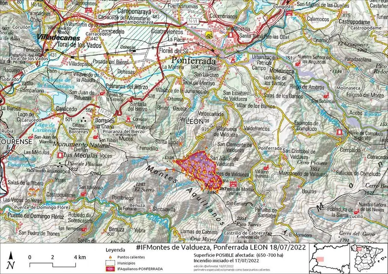 Mapa de la superficie afectada en relación a los puntos calientes detectados de madrugada en Losacio. Fuente y mapa: @eforestal