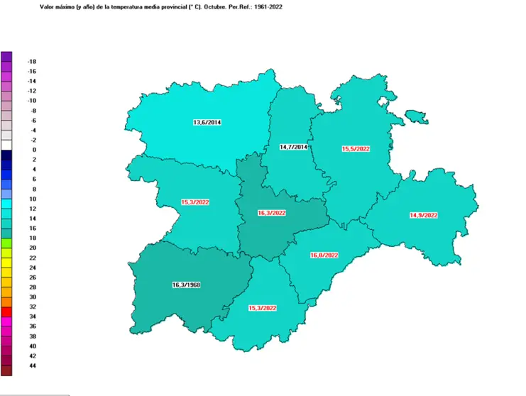 Mapa de la temperatura media registrada en Castilla y León. Infografía: @AEMET_CYL