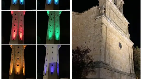 Depósito de agua y espadaña de Nuestra Señora de la Asunción, iluminadas.