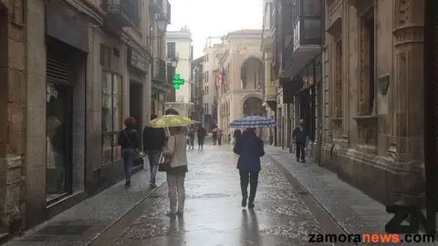 Varios viandantes caminan bajo la lluvia