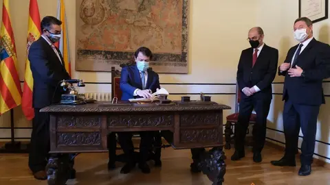 Mañueco con los presidentes de Aragón, Javier Lambán, y de Castilla-La Mancha, Emiliano García-Page,