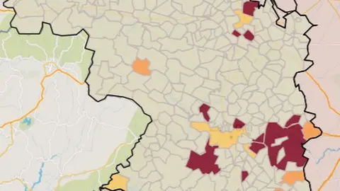 Mapa de riesgo por municipios en porcentajes de positividad