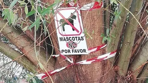 Carteles colocados en los árboles