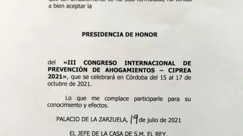 Credencial por la que la Casa de SM el Rey comunica la aceptación de Felipe VI para presidir el Comité de Honor del CIPREA.