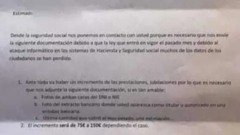 Imagen de la carta que han recibido algunas de las potenciales víctimas del fraude
