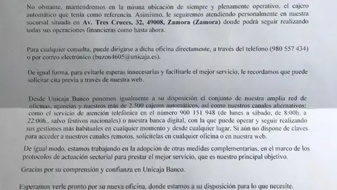 Carta que Unicaja envía a sus clientes