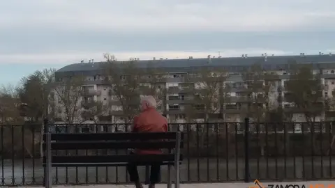 Una persona mayor contempla el Duero desde un banco