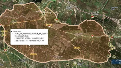 La imagen registrada por el helicóptero de coordinación HOTEL del incendio en Sierra de la Culebra. Imagen: Consejería de Medio Ambiente de la JCyL